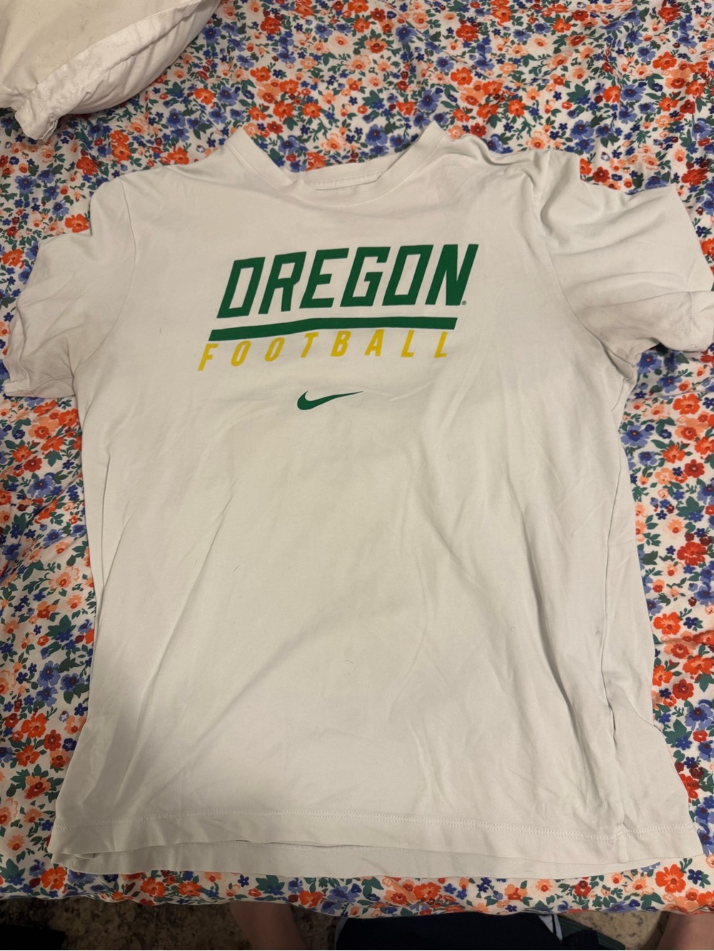 Nike White Tee with Green & Yellow Oregon Football Graphic